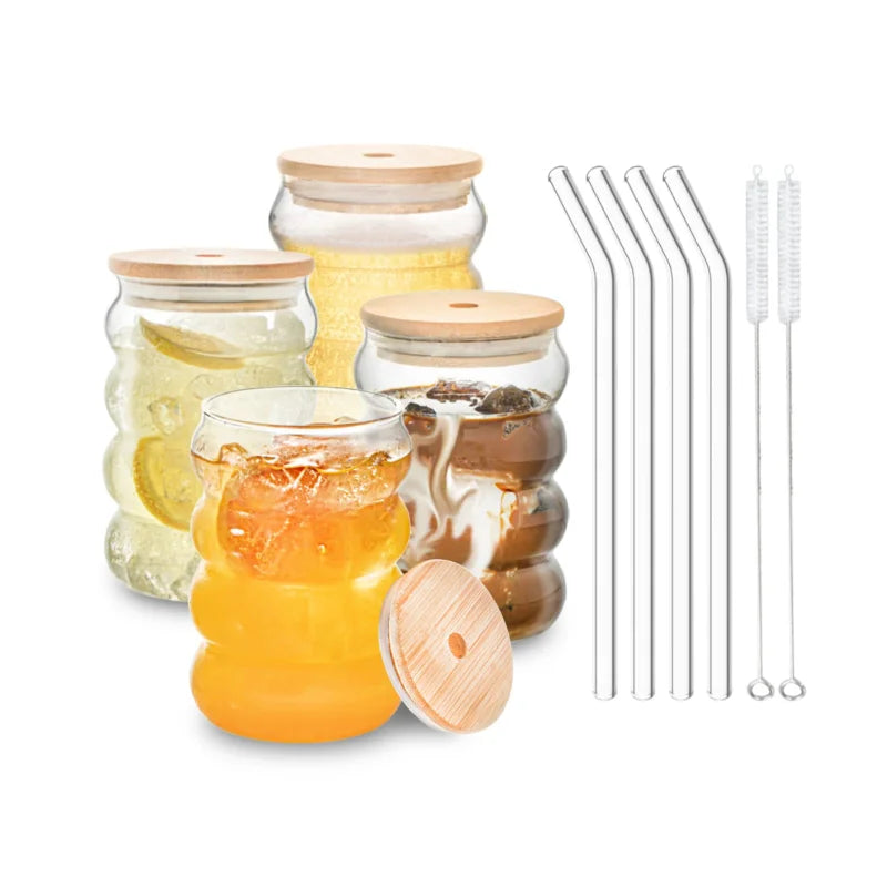 bubble glass cup bamboo lid straw borosilicate eco-friendly drinkware