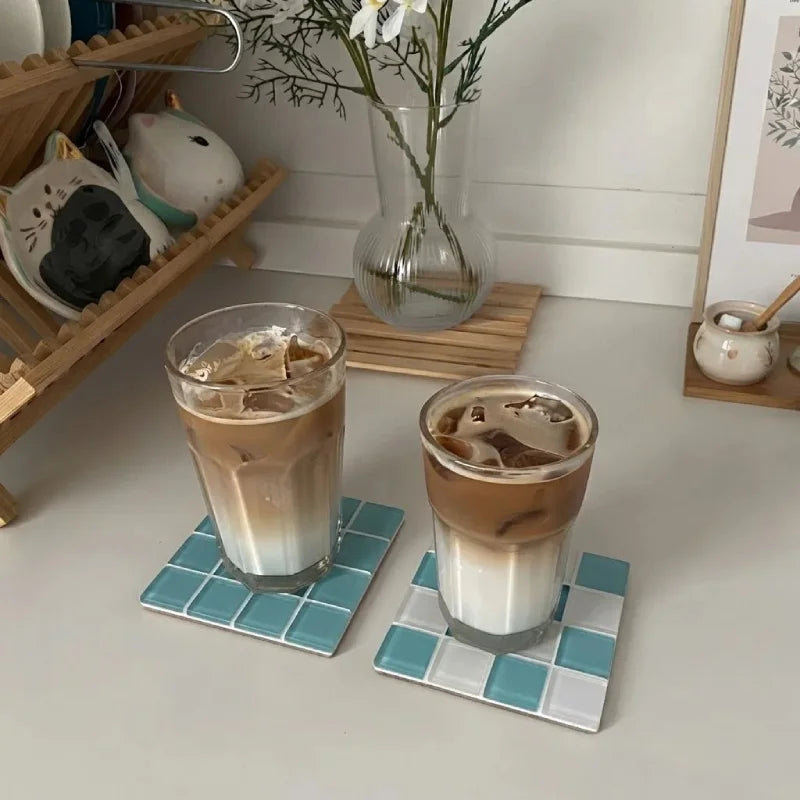 2Pcs Square Mosaic Glass Coaster Set, Heat Resistant Drink Cup Mats, Non-Slip Cork Base Table Protection Mat, Modern Minimalist-Letifly Lights and Decor