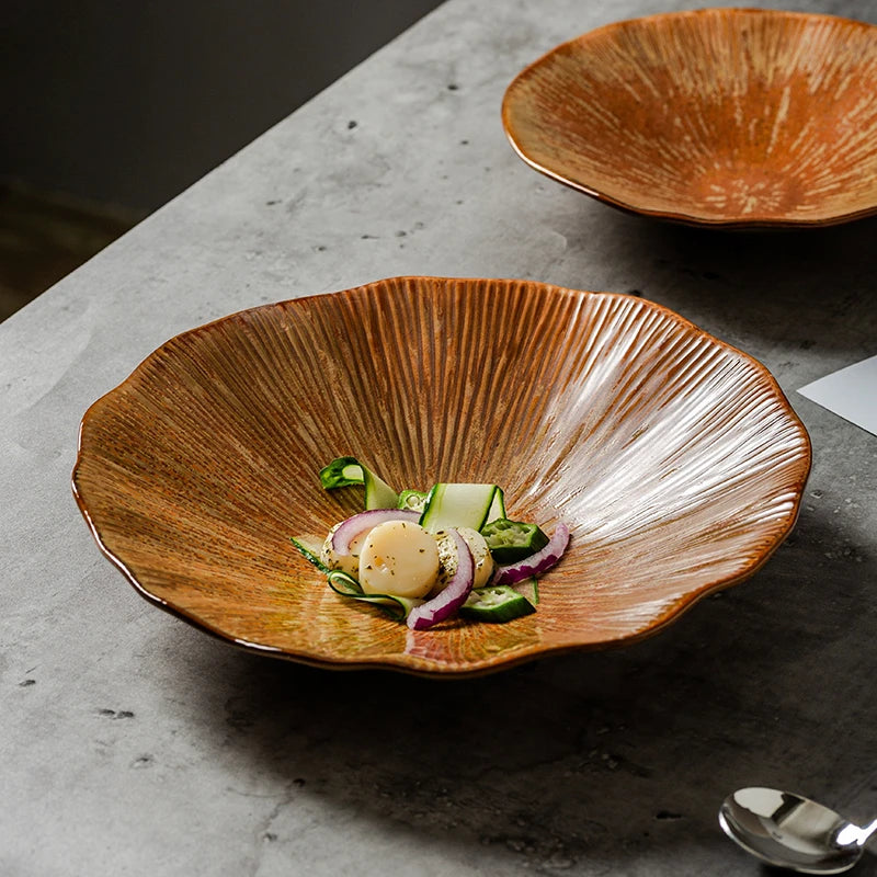 Terracotta ceramic sunburst bowl scalloped rim artisan textured serving bowl modern rustic tableware