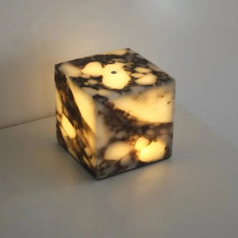 Stone cube lamp natural marble warm glow bedside modern decor light
