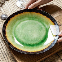 Sushi Sashimi Dinner PlateCeramic Dinner Plate Green Kiln Glaze Flat Sushi Salad Serving Crackle Ice Glazed Dish