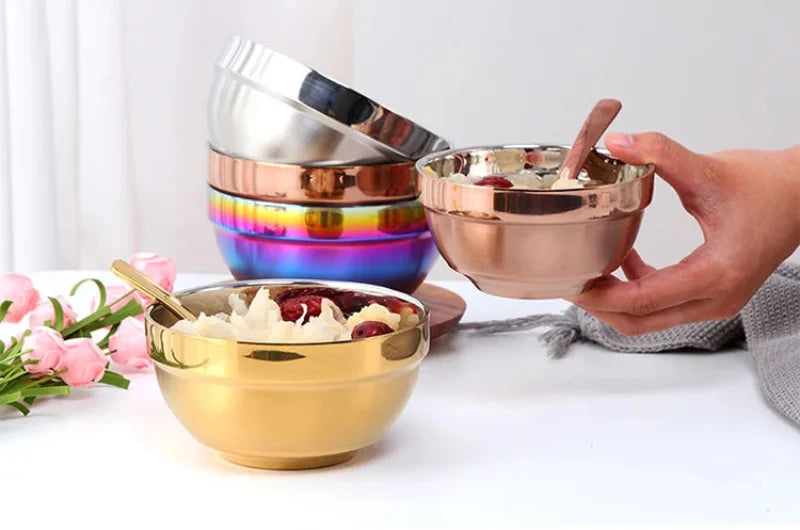 Small&Big Stainless Steel Chinese Rainbow Round Bowl Rice Soup Double Hot Insulation Container Noodle Bowl Kitchen Tableware-Letifly Lights and Decor