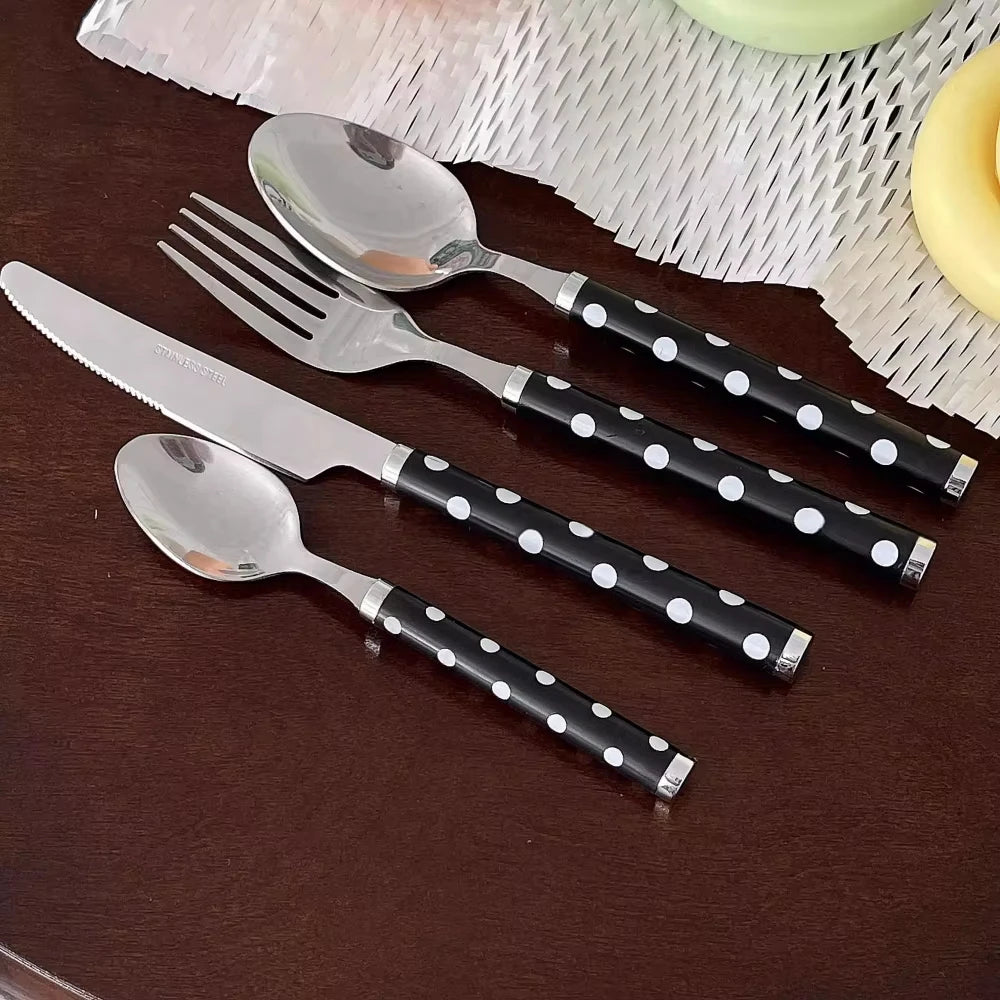 Korean Ins Vintage Polka Dot 304 Stainless Steel Tableware, Dessert Knife Fork Spoon Set for Steak, Pasta, Cake & Coffee-Letifly Lights and Decor