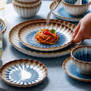 Blue ceramic dinnerware scalloped petal plate bowl sunburst glaze modern dining tableware set