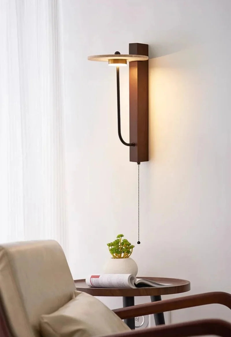 Japanese Retro Bedside Led Wall Lamp for Bedroom Living Room Stone Walnut Wood Wall Light with Switch Indoor Lighting Decoration-Letifly Lights and Decor