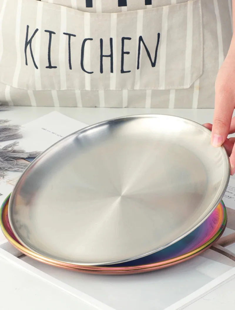 Stainless Steel Dinner Plates European Style Dessert Plate Kitchen Serving Dishes Salad Plate Cake Tray Western Steak Round Tray-Letifly Lights and Decor