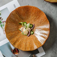 Terracotta ceramic sunburst bowl scalloped rim artisan textured serving bowl modern rustic tableware