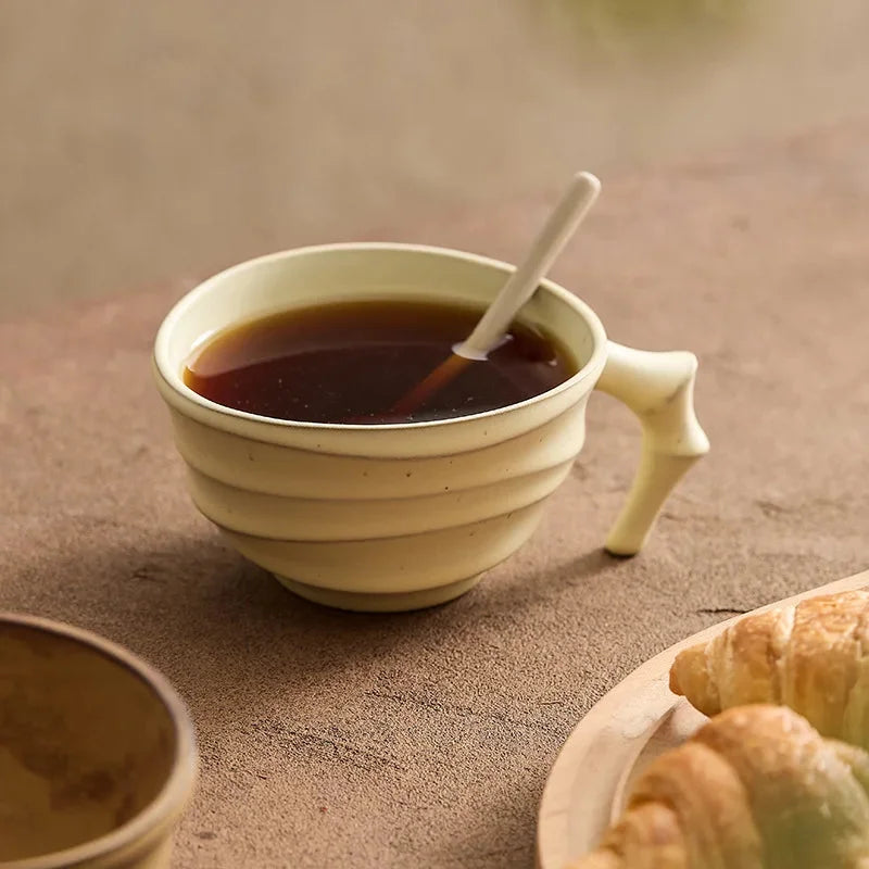 Ceramic ridged coffee mug warm brown textured tea cup sculptural handle minimalist drinkware