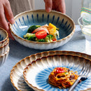 Blue ceramic dinnerware scalloped petal plate bowl sunburst glaze modern dining tableware set