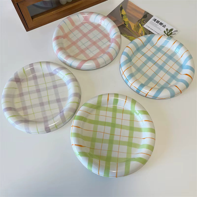 Gridline Ceramic Plates Glossy ceramic plates with thick rim in pink green blue purple modern tableware