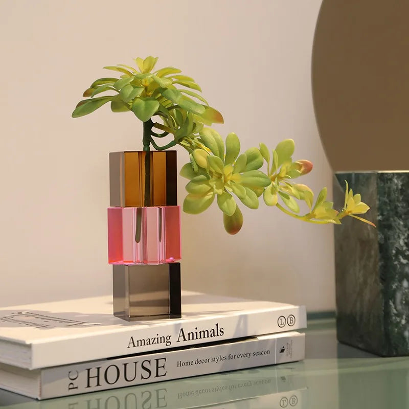 Glass block vase modern crystal geometric flower holder home décor