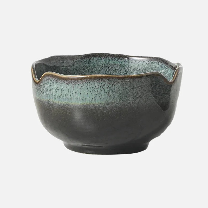 Ceramic serving bowls reactive glaze blue brown organic rim stackable modern dining tableware