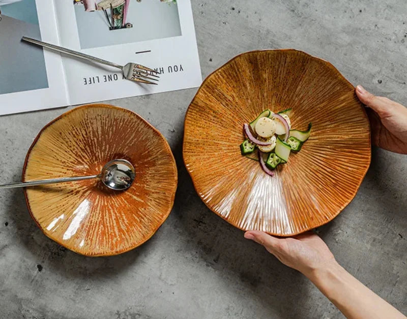 Terracotta ceramic sunburst bowl scalloped rim artisan textured serving bowl modern rustic tableware