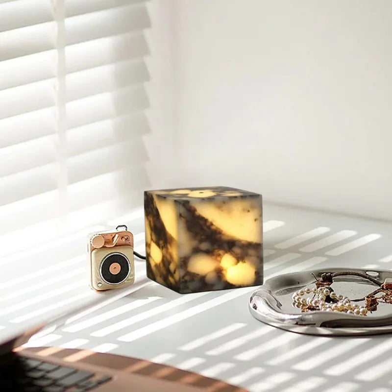 Stone cube lamp natural marble warm glow bedside modern decor light