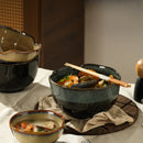 Ceramic serving bowls reactive glaze blue brown organic rim stackable modern dining tableware