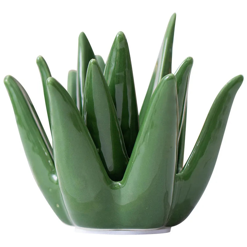 Nordic ceramic cactus aloe ring jewelry organizer, decorative green succulent earring storage dish for home study, office desk, and vanity decor