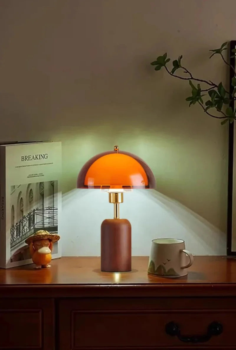 Letifly Lights & Decor - Amber Dome Table Lamp - Amber acrylic dome table lamp with wood-look base and brass-toned stem