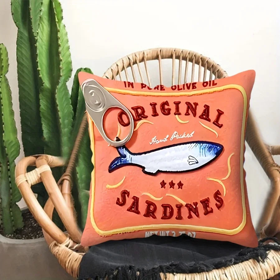 Sardine print pillow cover coastal cotton-linen quirky graphic square