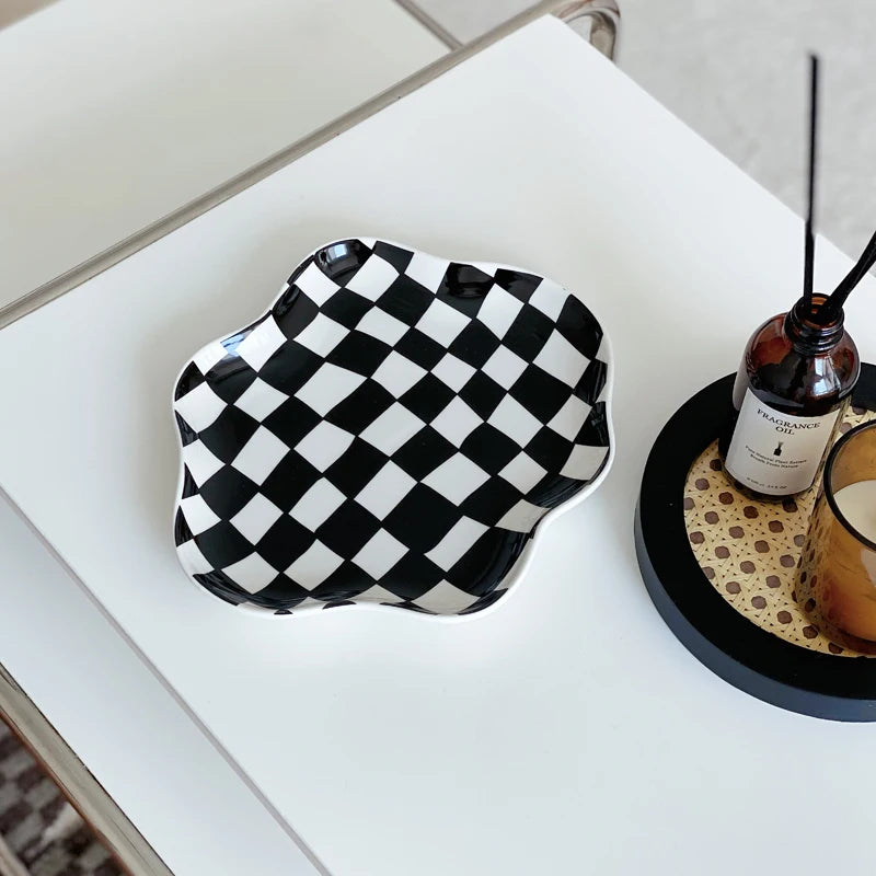 European Chessboard Ceramic Plate Black and White Checkered Irregular Tableware Dinner Plate Dinner Set Plates and Dishes-Letifly Lights and Decor