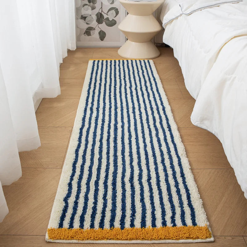 Long Tufting Blue Striped Rug Soft Flocking Non-slip Floor Mat Entrance Bedroom Living Room Girl's Bedside Blanket Home Decor