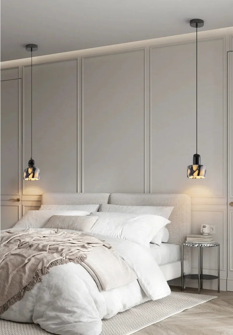 Carrara Eclipse Lamp Luxury Black Round Natural Stone Pendant Lamp High-end Bedroom Bedside LED Chandelier Living room Decoration Home Hanging Lights