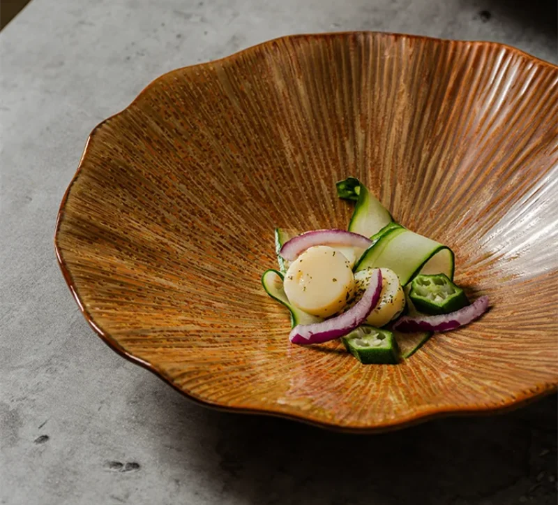 Terracotta ceramic sunburst bowl scalloped rim artisan textured serving bowl modern rustic tableware