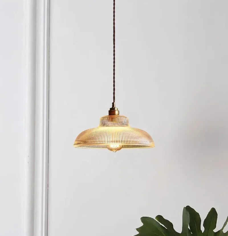 Linden Glow Ribbed Pendant Light Ribbed glass pendant light with brass hardware Nordic hanging lamp
