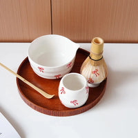 Ceramic matcha set red bow pattern bowl with spout whisk holder tea cup glossy ceramic tea tools