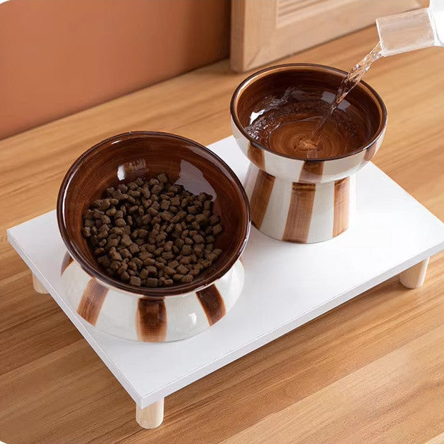 1pc minimalist style contrasting color striped high footed pet bowl ceramic cat bowl dog bowl anti knock-Letifly Lights and Decor