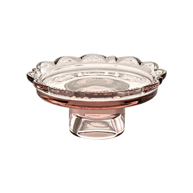Vintage clear glass dessert plate, Heirloom Pedestal Tray jewelry display storage tray, scalloped lace candle holder for elegant home decoration.