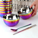 Small&Big Stainless Steel Chinese Rainbow Round Bowl Rice Soup Double Hot Insulation Container Noodle Bowl Kitchen Tableware-Letifly Lights and Decor