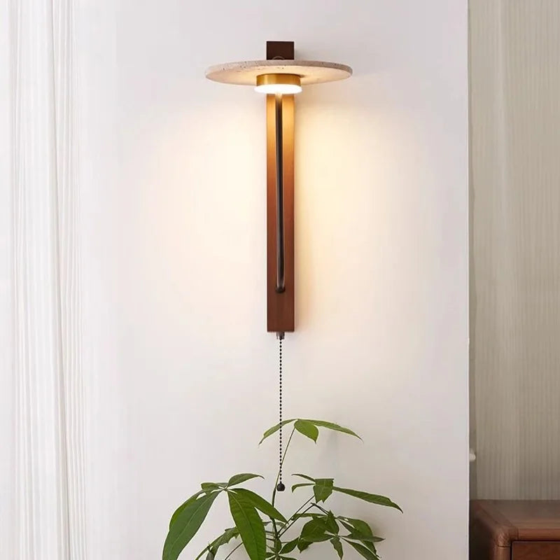Japanese Retro Bedside Led Wall Lamp for Bedroom Living Room Stone Walnut Wood Wall Light with Switch Indoor Lighting Decoration-Letifly Lights and Decor