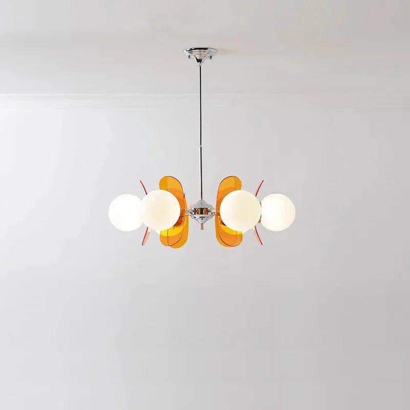 Retro glass globe chandelier with amber panels mid-century modern dining room light