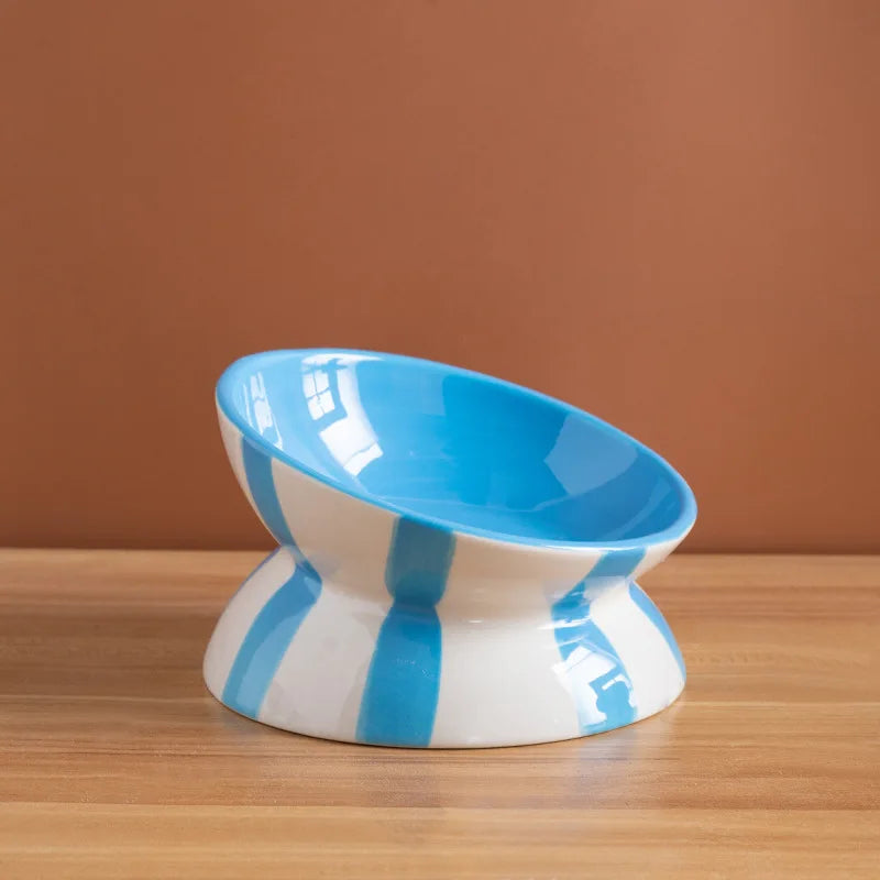 1pc minimalist style contrasting color striped high footed pet bowl ceramic cat bowl dog bowl anti knock-Letifly Lights and Decor