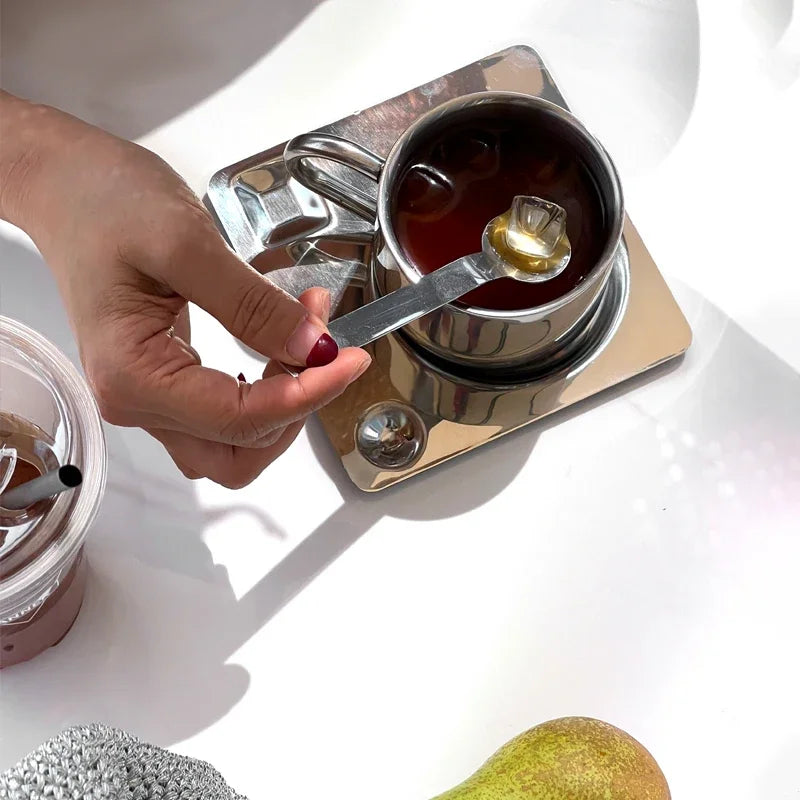 Stainless steel espresso cup and square saucer modern coffee tea set 3pc set with teaspoon