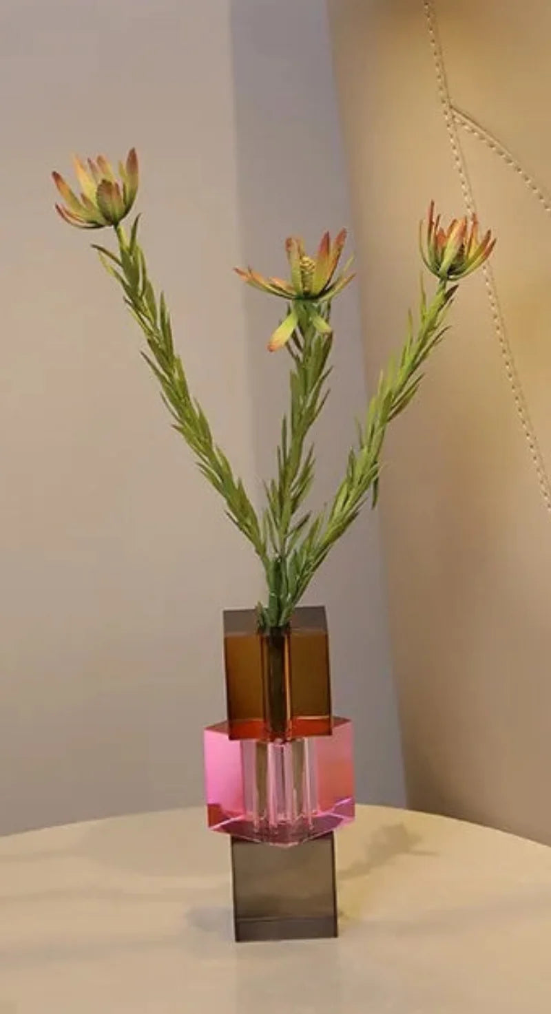 Glass block vase modern crystal geometric flower holder home décor