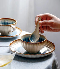 Blue ceramic dinnerware scalloped petal plate bowl sunburst glaze modern dining tableware set