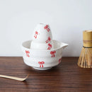 Ceramic matcha set red bow pattern bowl with spout whisk holder tea cup glossy ceramic tea tools