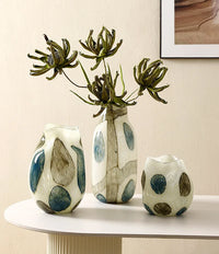 Glass vase cream green blue pebble pattern polished finish