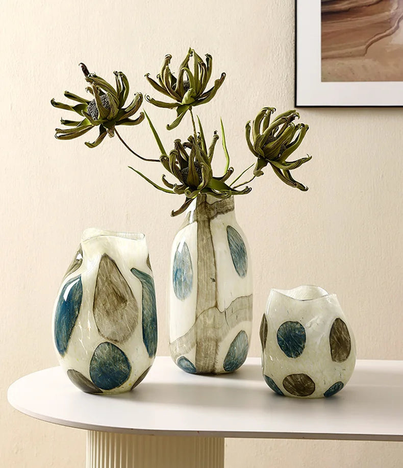 Glass vase cream green blue pebble pattern polished finish