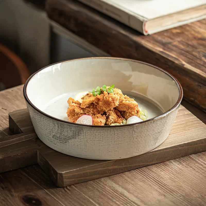 Ceramic salad bowl vintage textured glaze wide shallow durable rustic