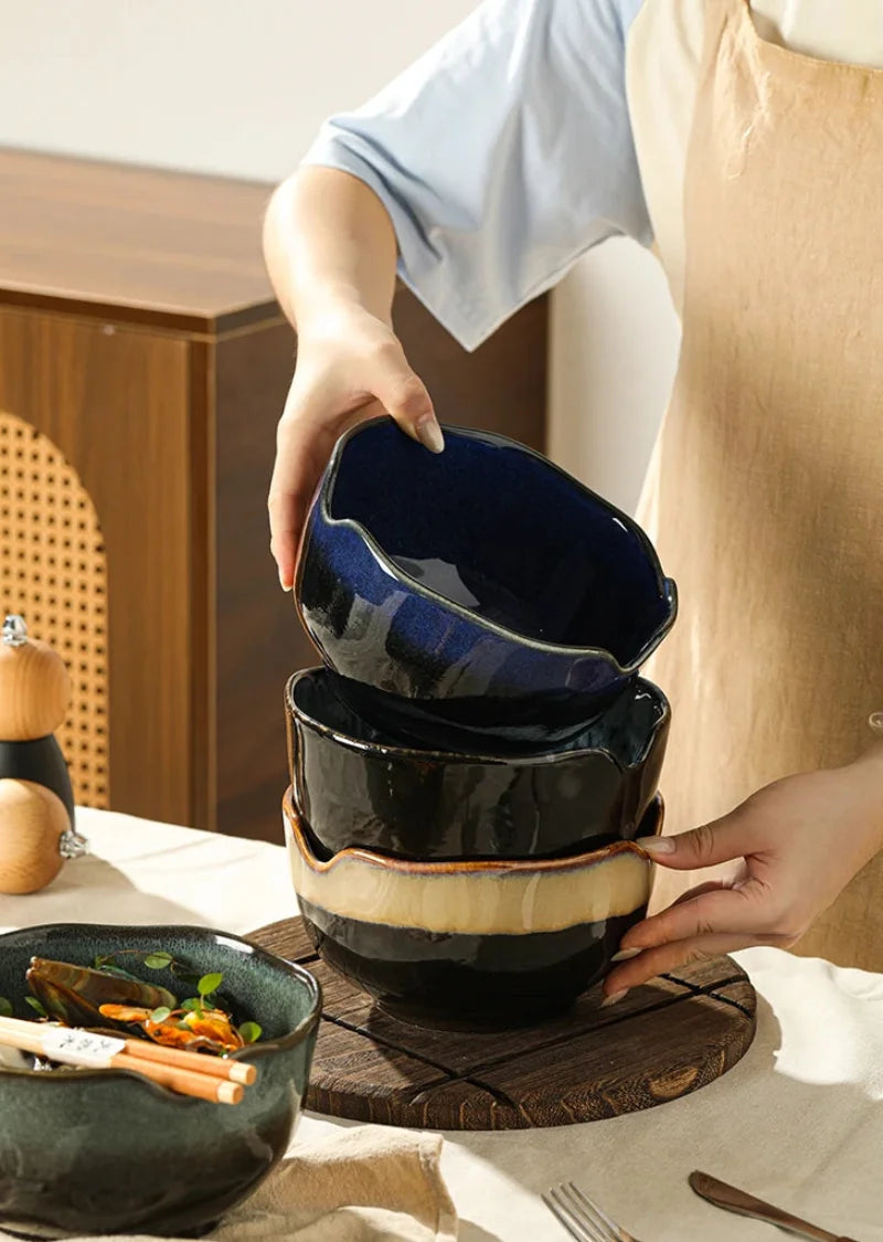 Ceramic serving bowls reactive glaze blue brown organic rim stackable modern dining tableware