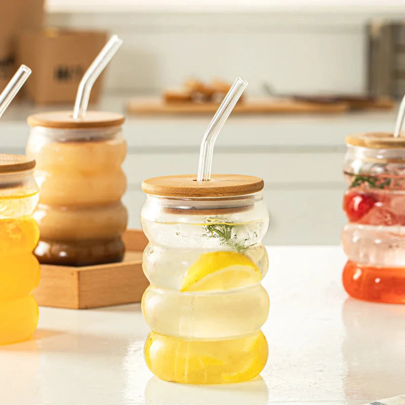 bubble glass cup bamboo lid straw borosilicate eco-friendly drinkware