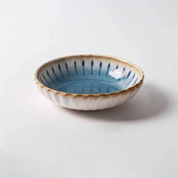 Blue ceramic dinnerware scalloped petal plate bowl sunburst glaze modern dining tableware set