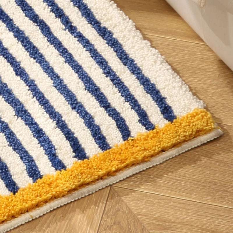 Long Tufting Blue Striped Rug Soft Flocking Non-slip Floor Mat Entrance Bedroom Living Room Girl's Bedside Blanket Home Decor