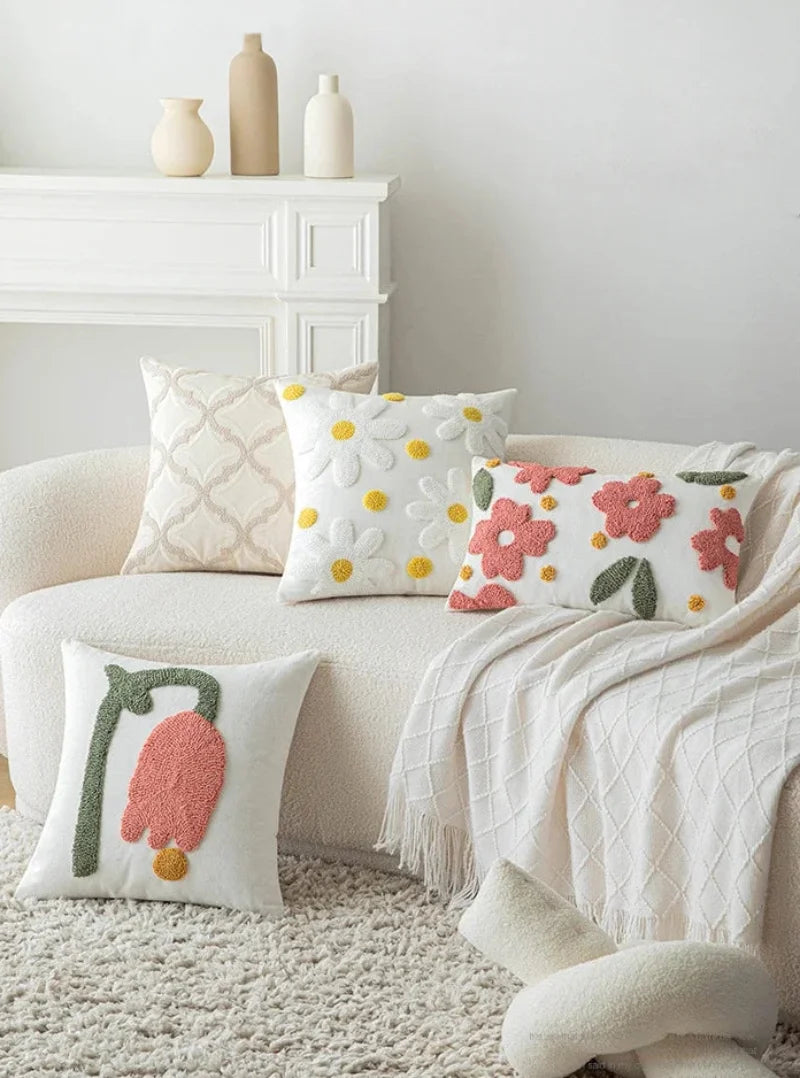 Floral embroidered cotton throw pillow cover daisy design cozy decorative cushion