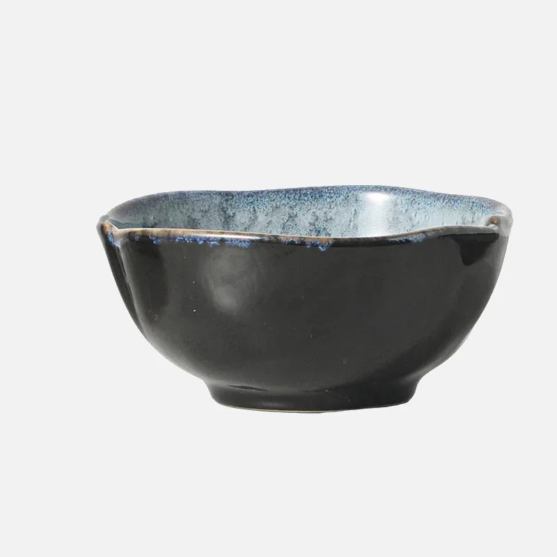 Ceramic serving bowls reactive glaze blue brown organic rim stackable modern dining tableware