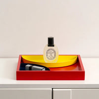 Tray solid wood geometric color-block metallic accents for storage organization or display