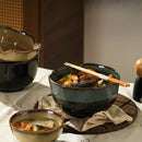 Ceramic serving bowls reactive glaze blue brown organic rim stackable modern dining tableware