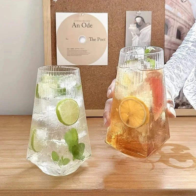 Highball drinking glass clear geometric modern faceted borosilicate vertical ripple texture